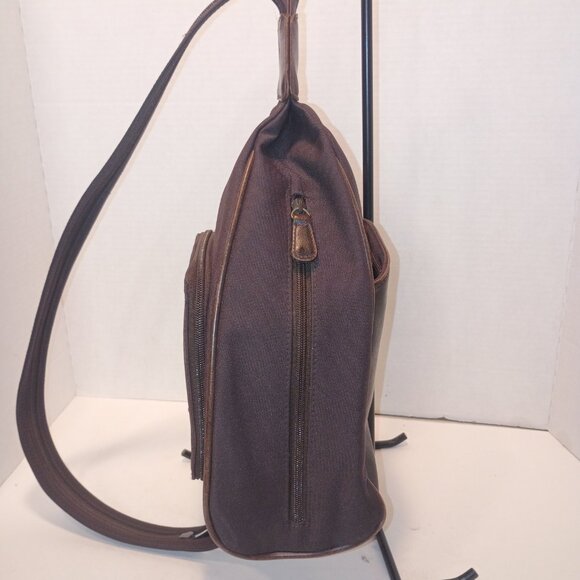 '90s CRAZY HORSE/Liz Claiborne Brown Leather & Nylon 2-Way Daypack Sling Bag - Picture 10 of 14
